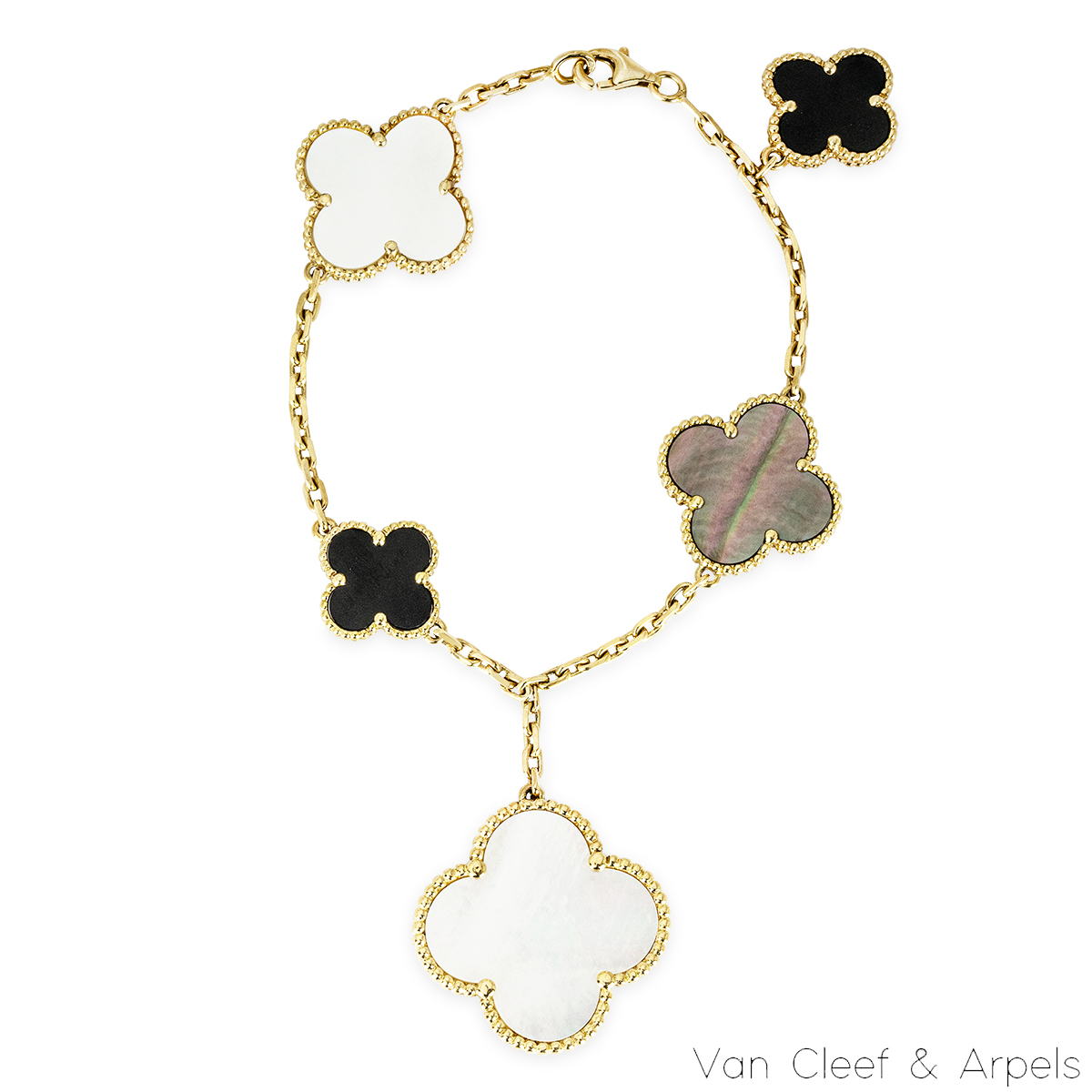 Van Cleef & Arpels Yellow Gold Mother of Pearl & Onyx Magic Alhambra 5 Motif Bracelet VCARD78700